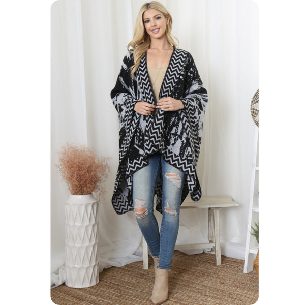 Casually Classy Geo Print Black Gray Kimono-Open Front Shawl-Wrap