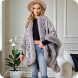 Classy Faux Fur Trim Floral Border Gray Shawl-Wrap-Cape