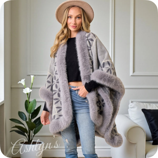 Classy Faux Fur Trim Floral Border Gray Shawl-Wrap-Cape