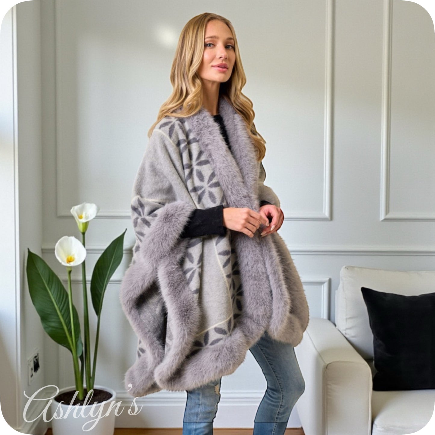 Classy Faux Fur Trim Floral Border Gray Shawl-Wrap-Cape