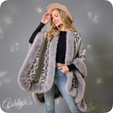 Classy Faux Fur Trim Floral Border Gray Shawl-Wrap-Cape
