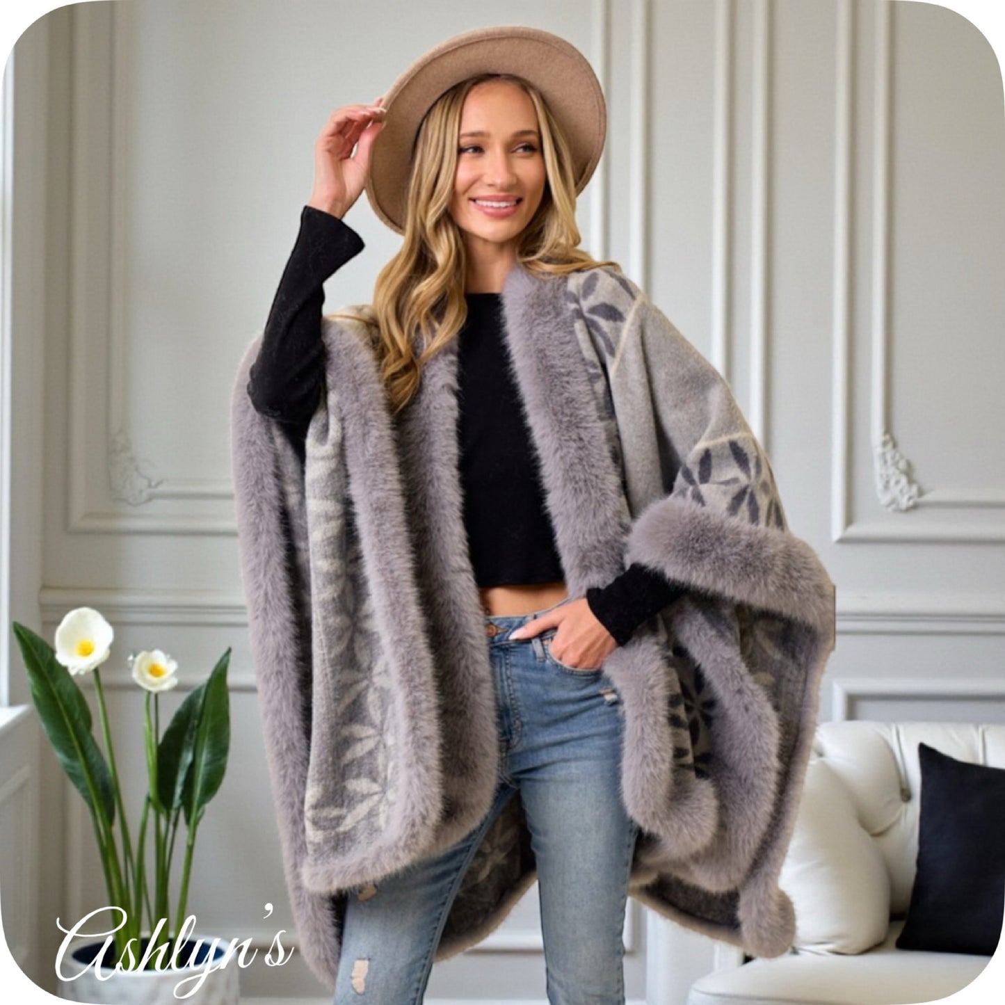 Classy Faux Fur Trim Floral Border Gray Shawl-Wrap-Cape