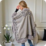 Classy Faux Fur Trim Floral Border Gray Shawl-Wrap-Cape