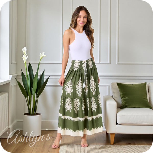 Casually Classy Olive Ivory Boho Midi Skirt-Maxi