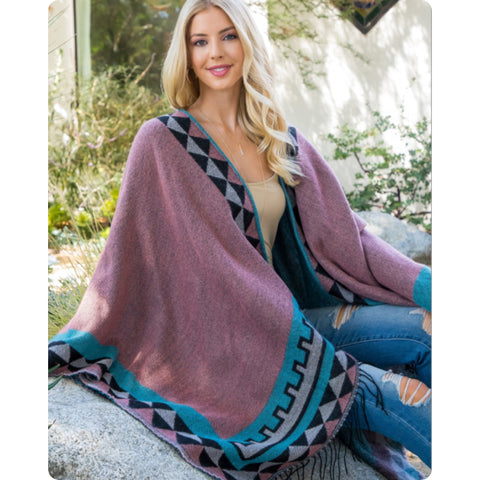 Casually Classy Mauve Turquoise Aztec Detail Kimono-Open Front Shawl