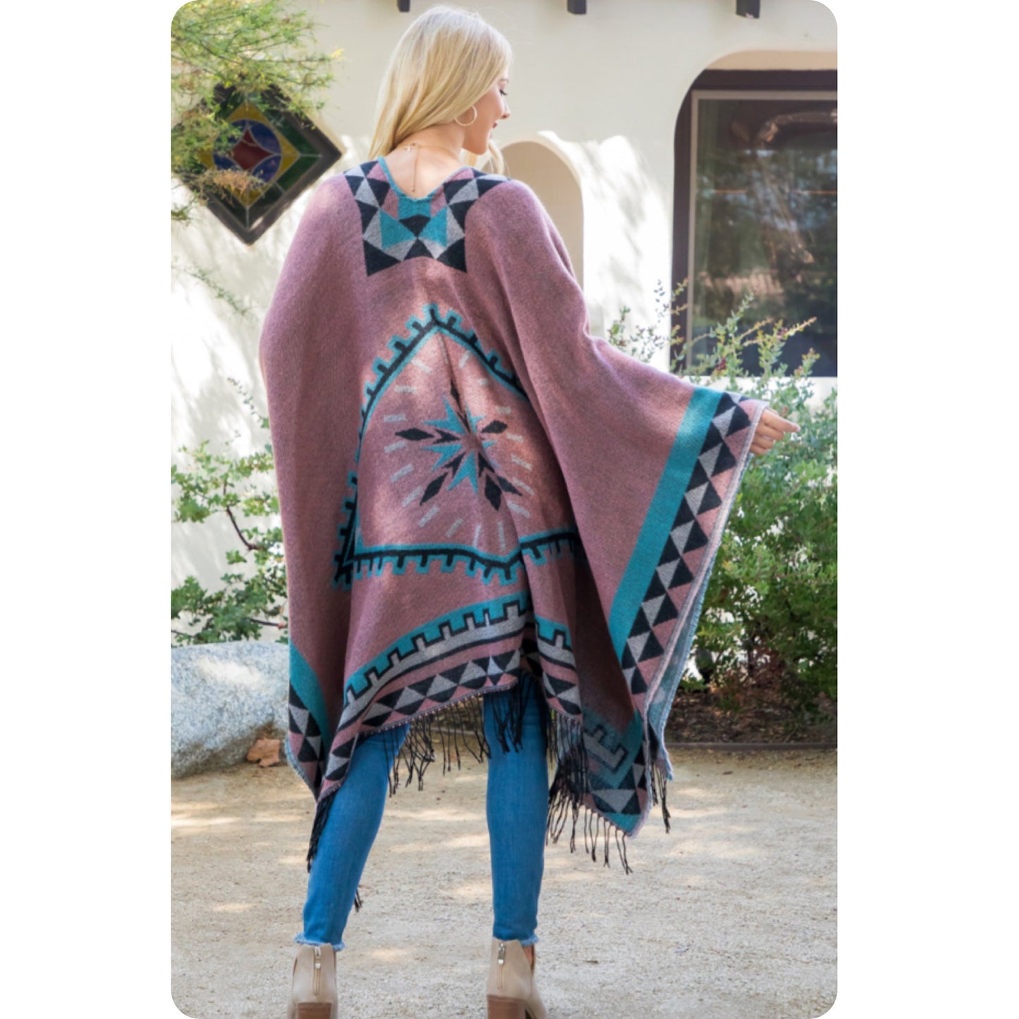 Casually Classy Mauve Turquoise Aztec Detail Kimono-Open Front Shawl