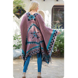 Casually Classy Mauve Turquoise Aztec Detail Kimono-Open Front Shawl