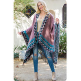 Casually Classy Mauve Turquoise Aztec Detail Kimono-Open Front Shawl