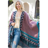 Casually Classy Mauve Turquoise Aztec Detail Kimono-Open Front Shawl