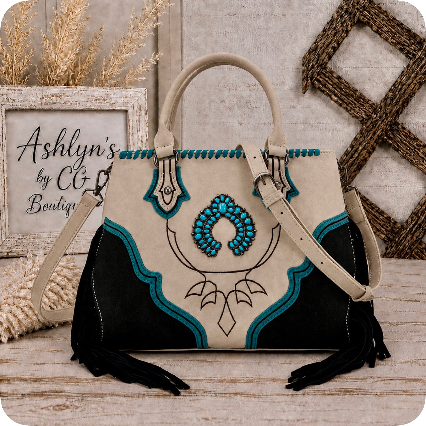 MONTANA WEST Turquoise Concho Fringe Detail Tan Black Crossbody Tote-Bag-Purse
