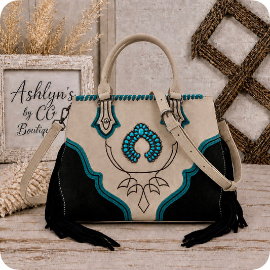 MONTANA WEST Turquoise Concho Fringe Detail Tan Black Crossbody Tote-Bag-Purse