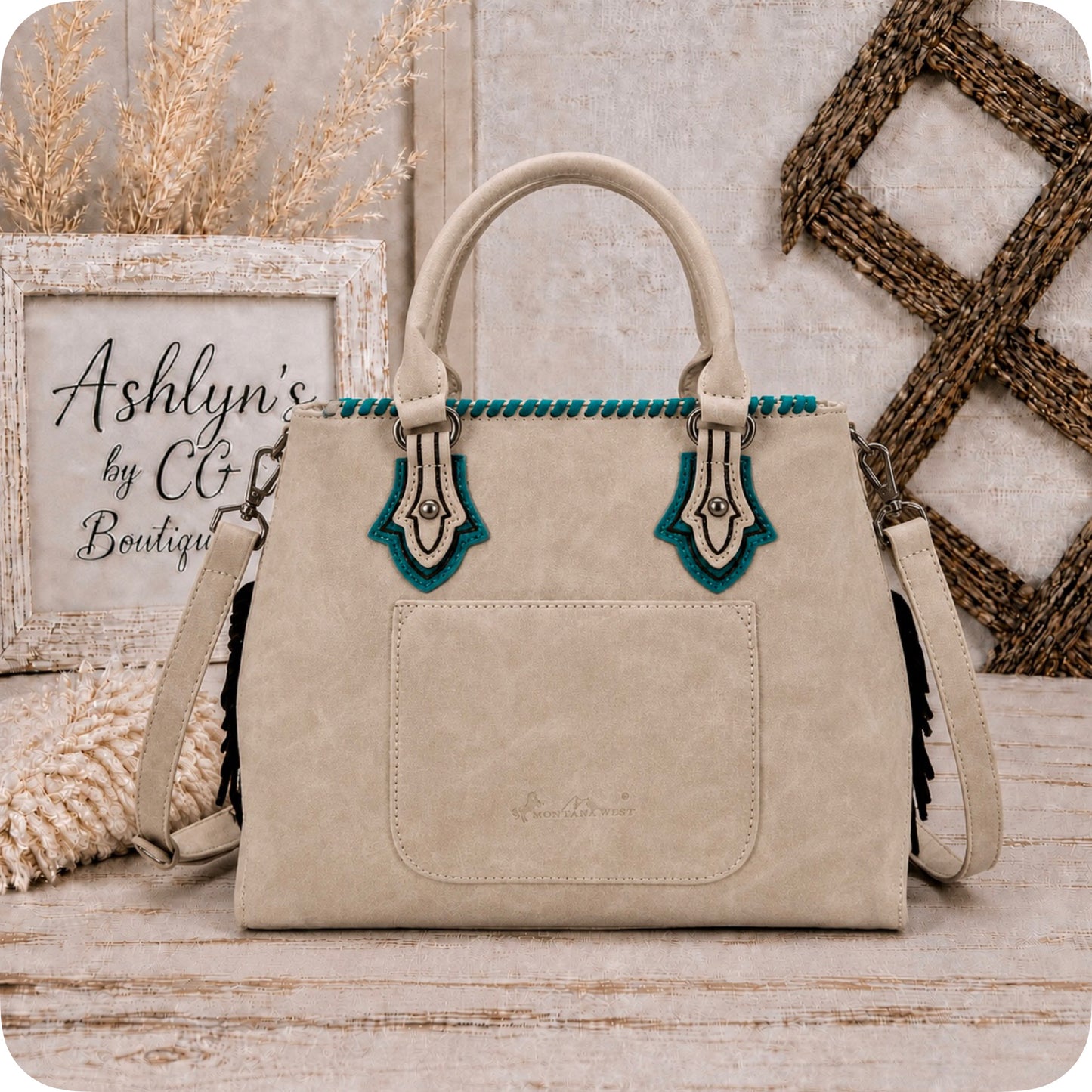 MONTANA WEST Turquoise Concho Fringe Detail Tan Black Crossbody Tote-Bag-Purse