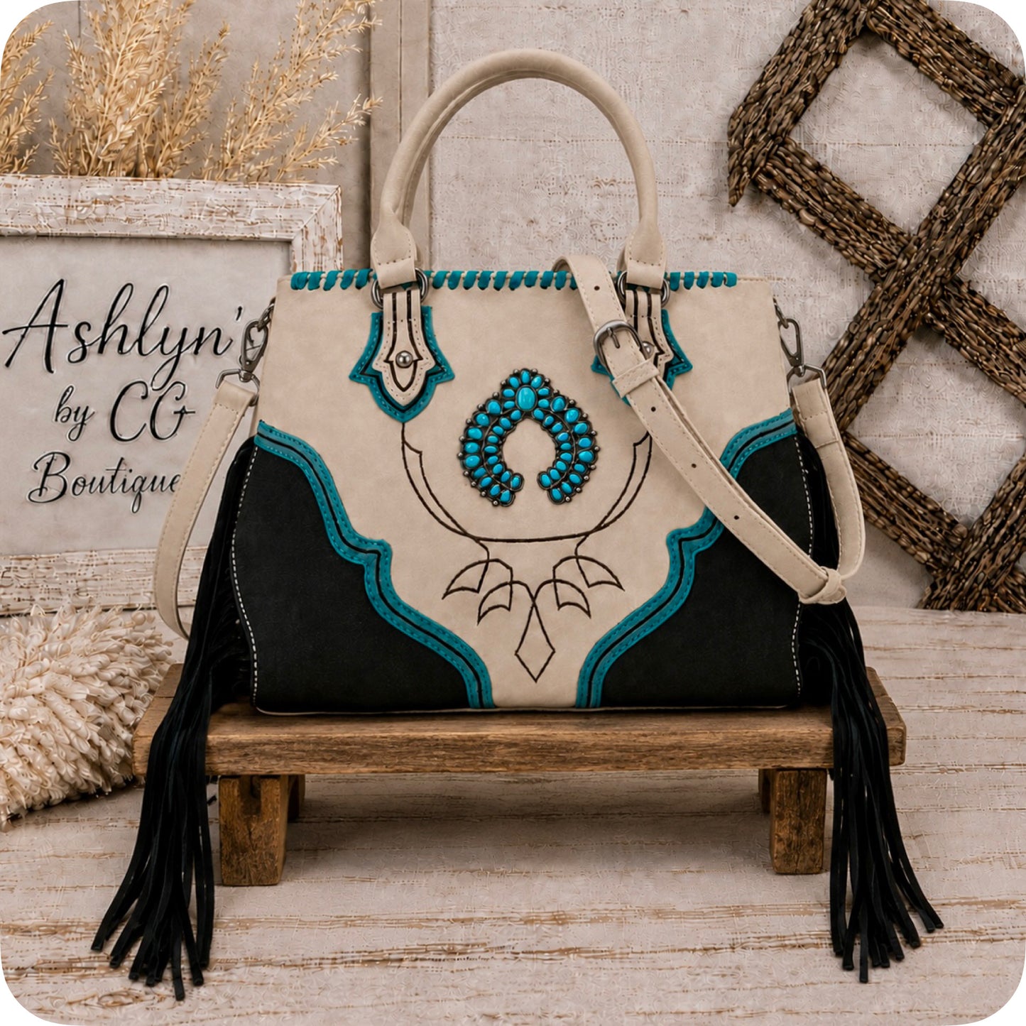 MONTANA WEST Turquoise Concho Fringe Detail Tan Black Crossbody Tote-Bag-Purse