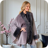 Classy Plush Faux Fur Trim Gray Ombre Cape-Coat-Poncho-Wrap