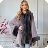 Classy Plush Faux Fur Trim Gray Ombre Cape-Coat-Poncho-Wrap