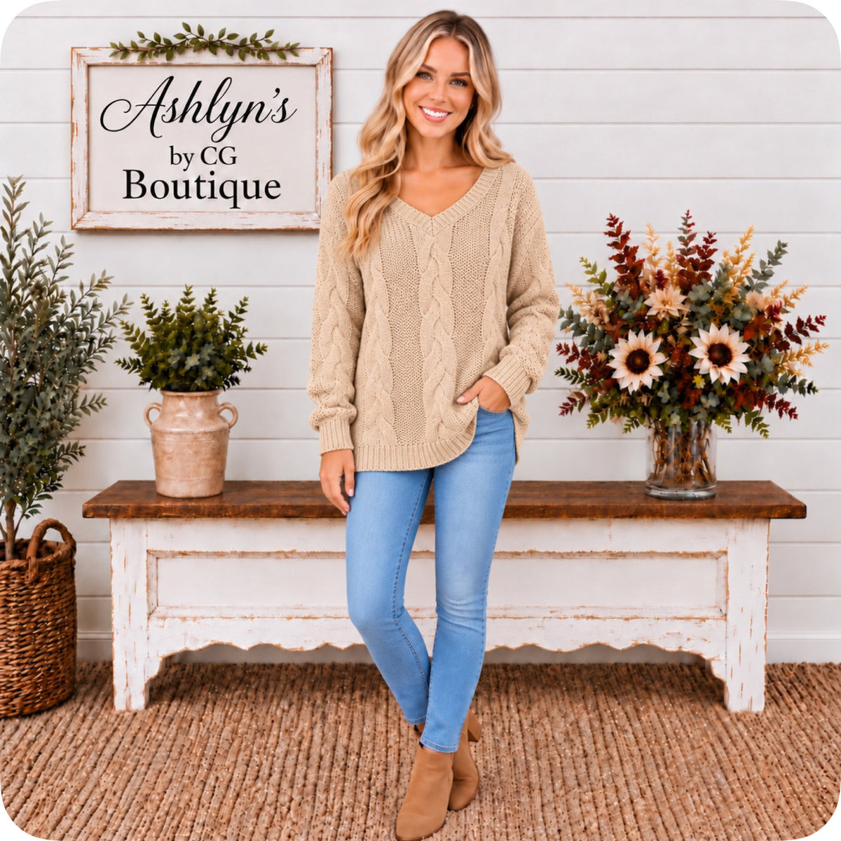 Cozy Twist Knit Taupe V Neck Sweater
