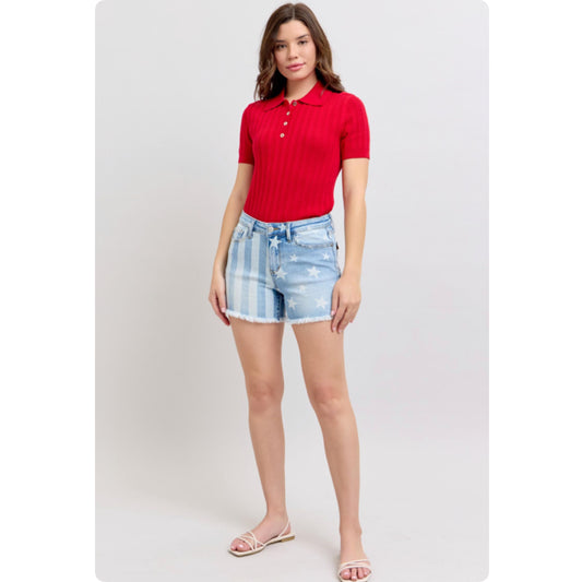 JUDY BLUE American Pride Stars and Stripes Frayed Hem Shorts