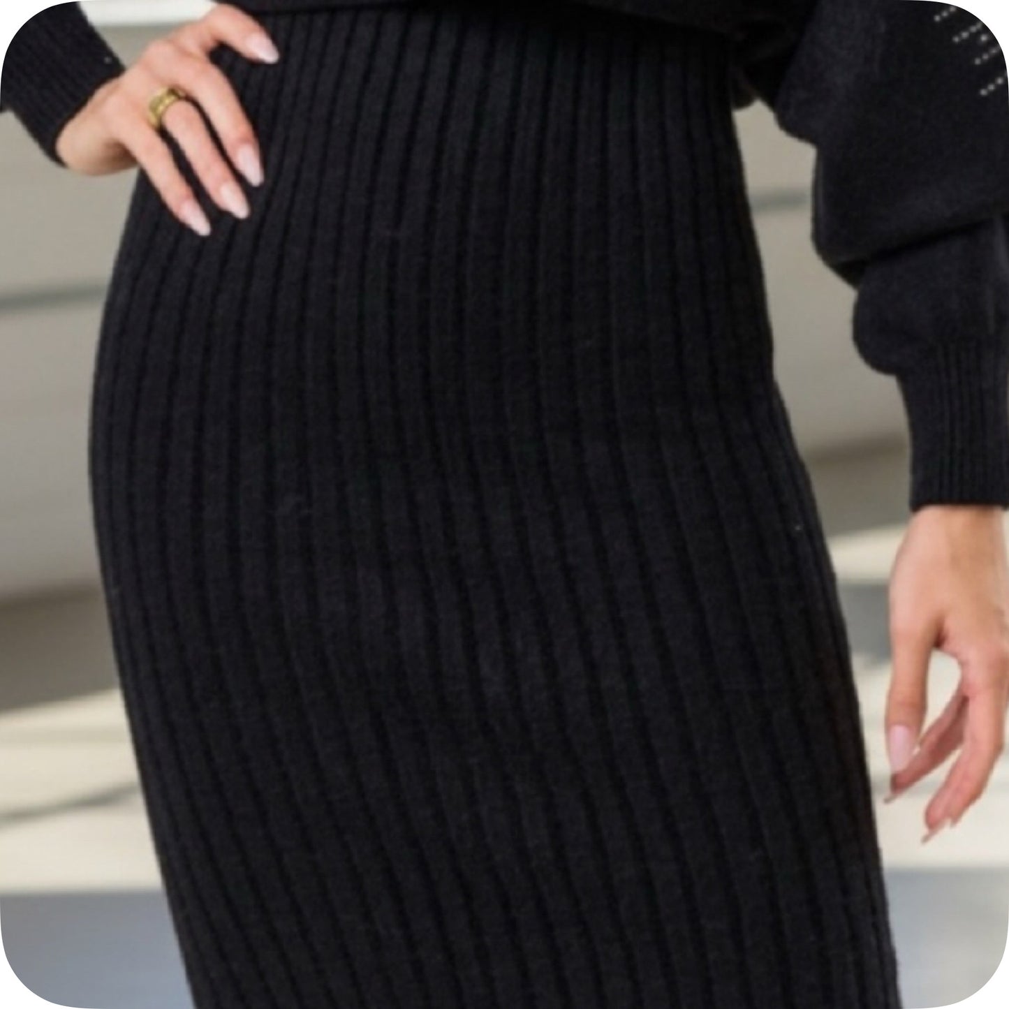 Classy Black Embellished Sweater Top and Ribbed Tank Dress Set