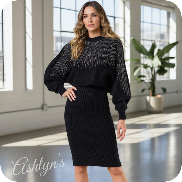 Classy Black Embellished Sweater Top and Ribbed Tank Dress Set
