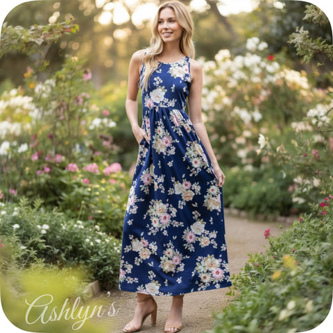 Stepping into Spring Navy Floral Sleeveless Maxi Dress-Tank Dress