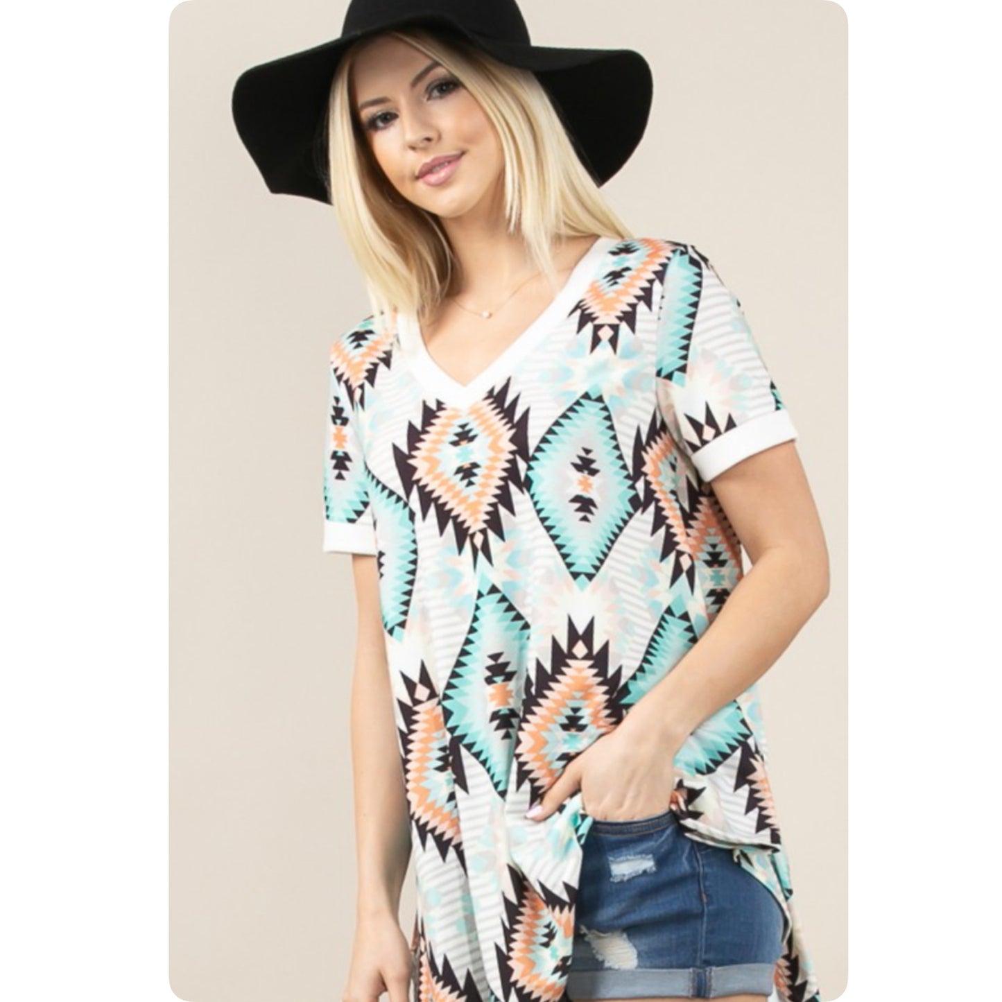 Coral Mint Aztec V Neck Jennifer Tunic Top