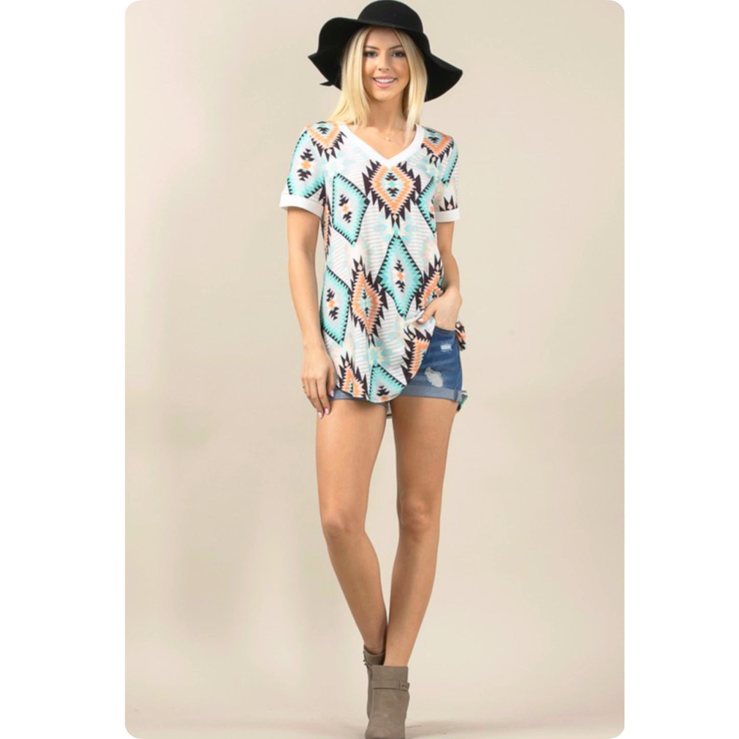 Coral Mint Aztec V Neck Jennifer Tunic Top