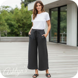 Zenana Acid Wash Fleece Black Palazzo Capri Pants with Pockets