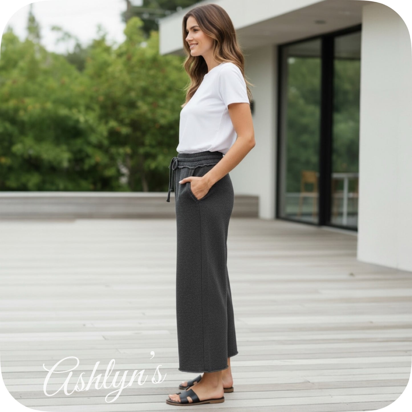Zenana Acid Wash Fleece Black Palazzo Capri Pants with Pockets
