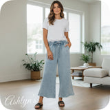 Zenana Acid Wash Fleece Blue Grey Palazzo Capri Pants with Pockets