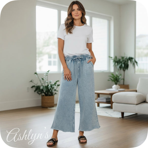 Zenana Acid Wash Fleece Blue Grey Palazzo Capri Pants with Pockets