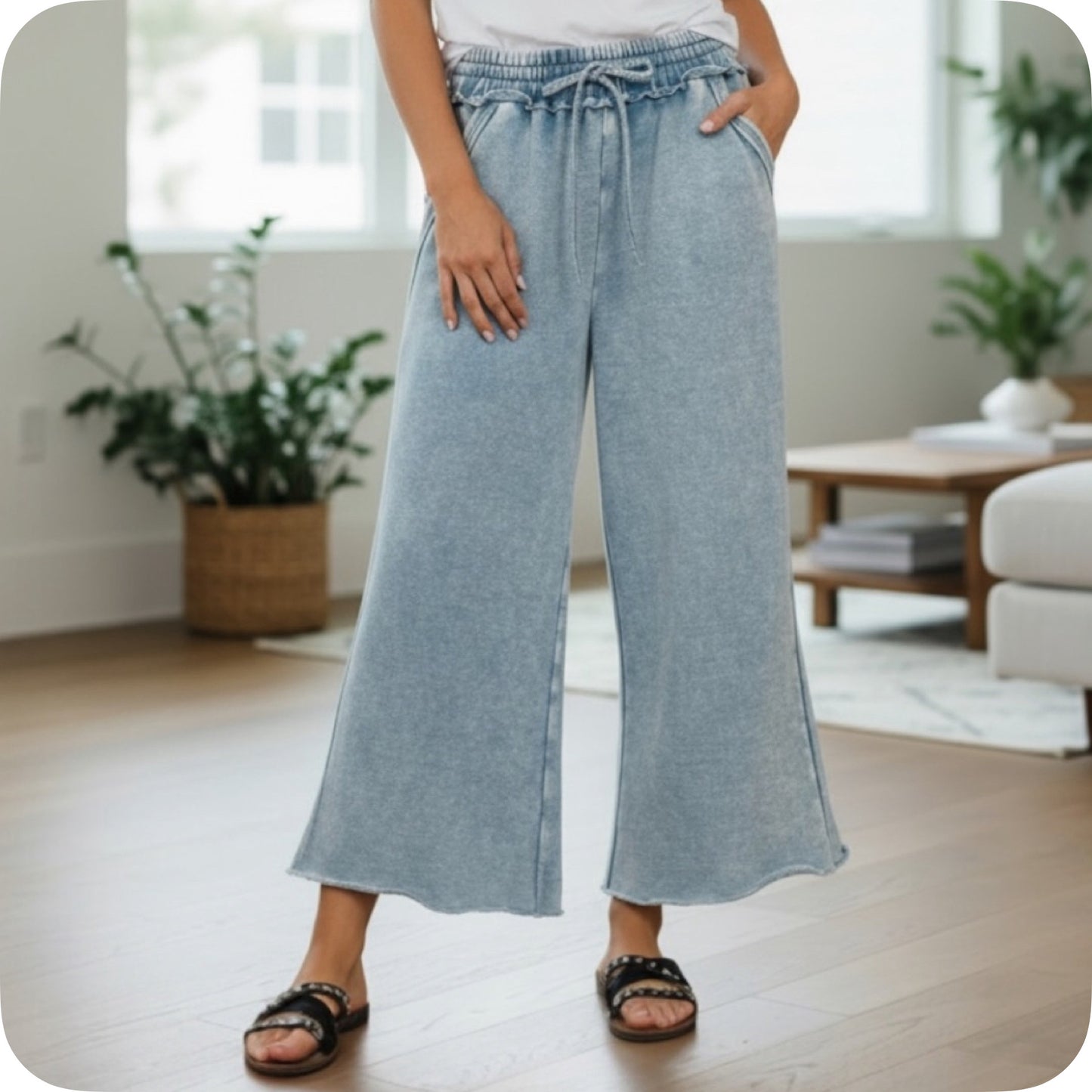 Zenana Acid Wash Fleece Blue Grey Palazzo Capri Pants with Pockets