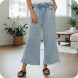 Zenana Acid Wash Fleece Blue Grey Palazzo Capri Pants with Pockets