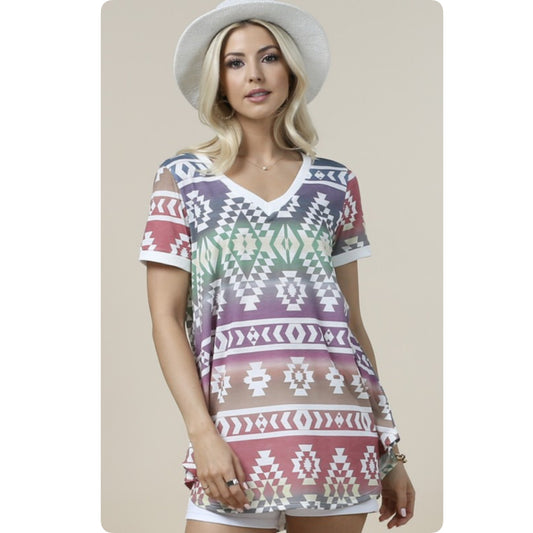 Multi Tone Aztec V Neck Zoey Tunic Top
