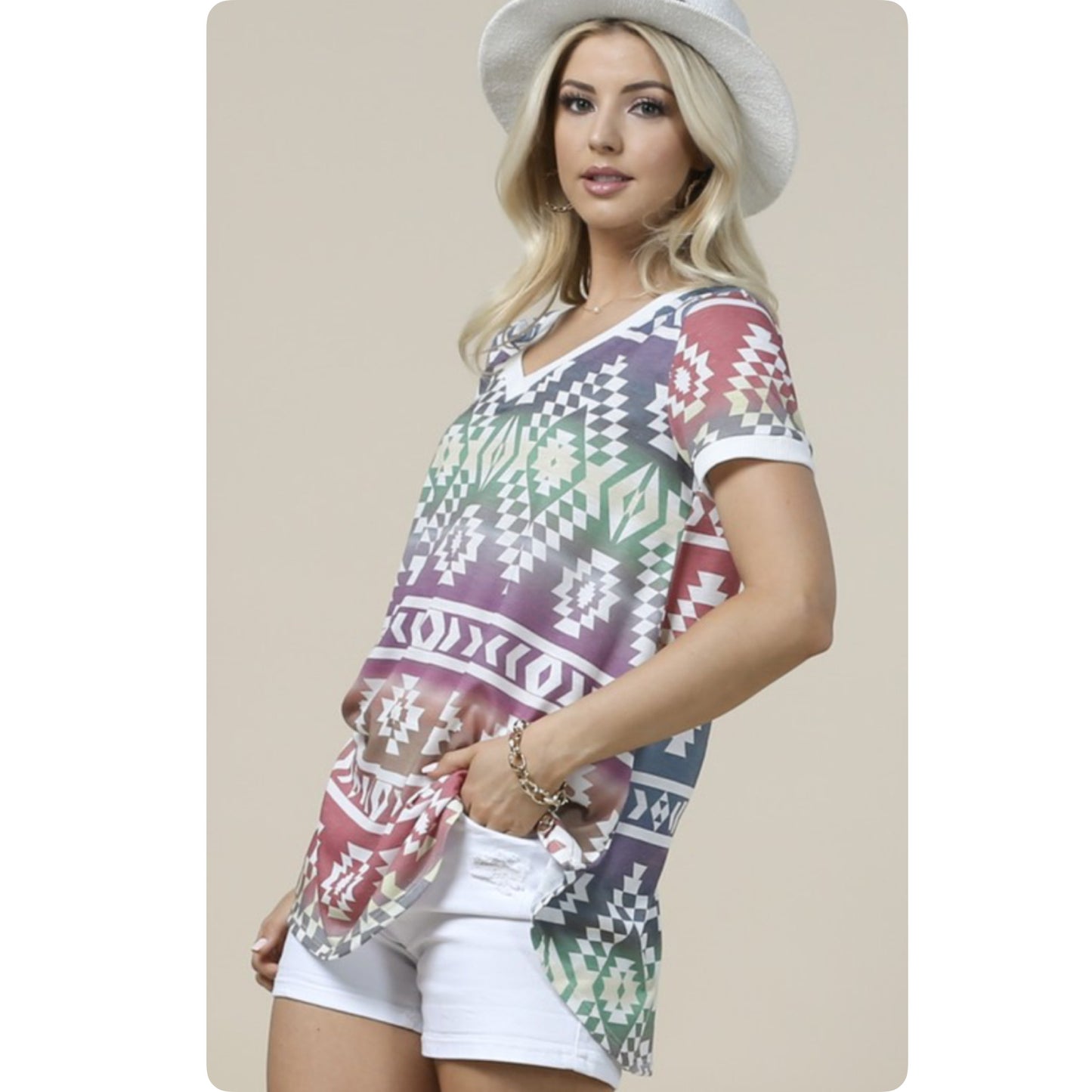 Multi Tone Aztec V Neck Zoey Tunic Top
