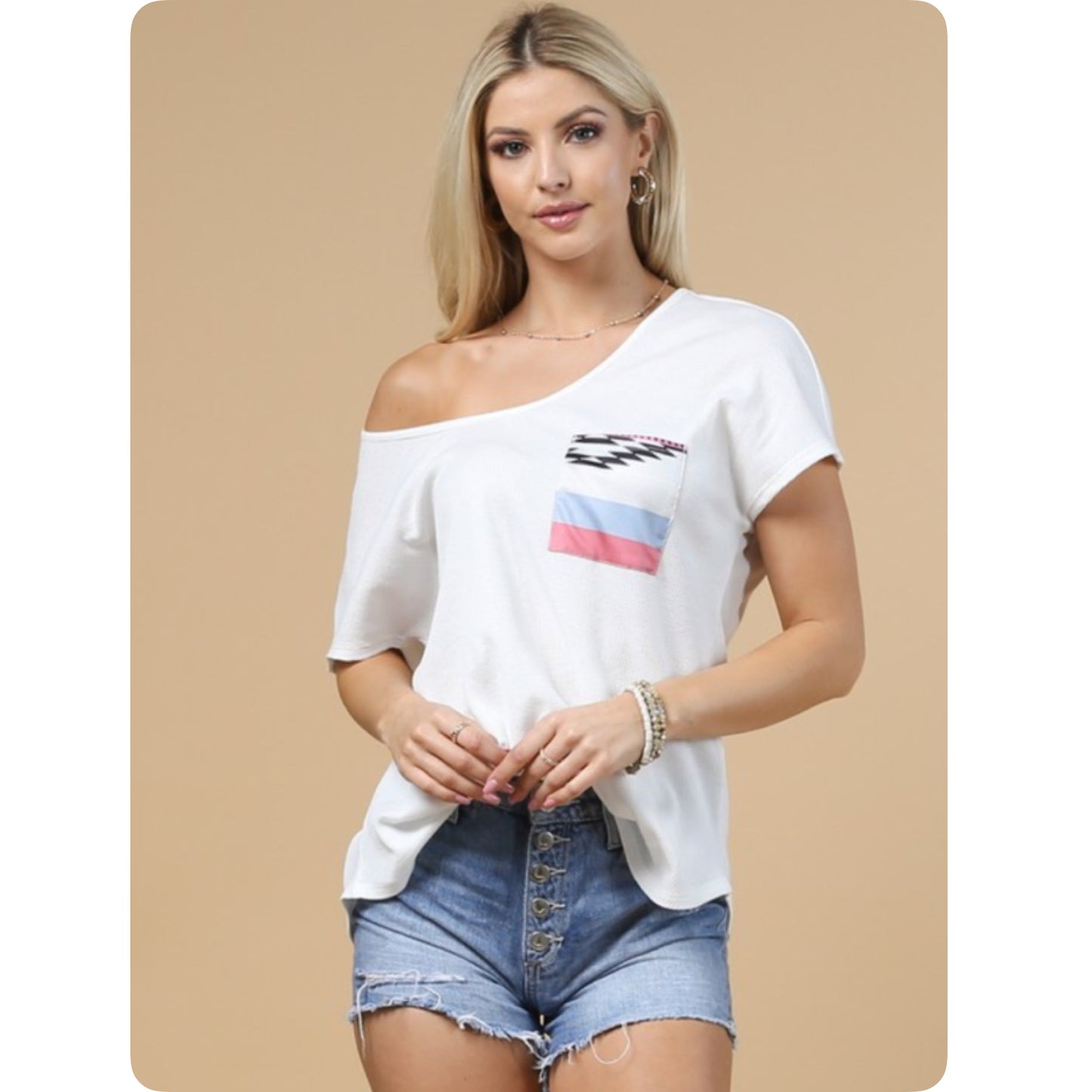 Casually Cozy Scoop V Neck Ivory Top with Pastel Aztec Pocket-Summer Comfort