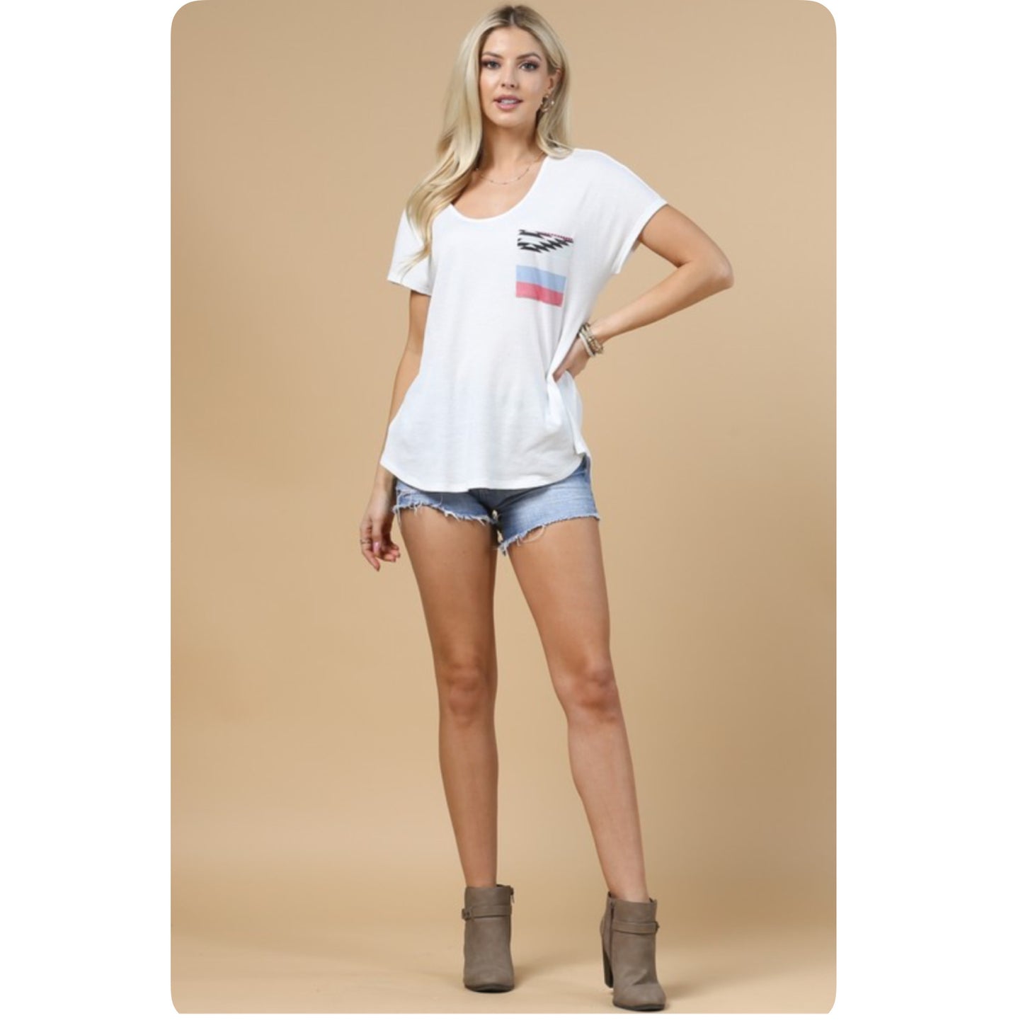 Casually Cozy Scoop V Neck Ivory Top with Pastel Aztec Pocket-Summer Comfort