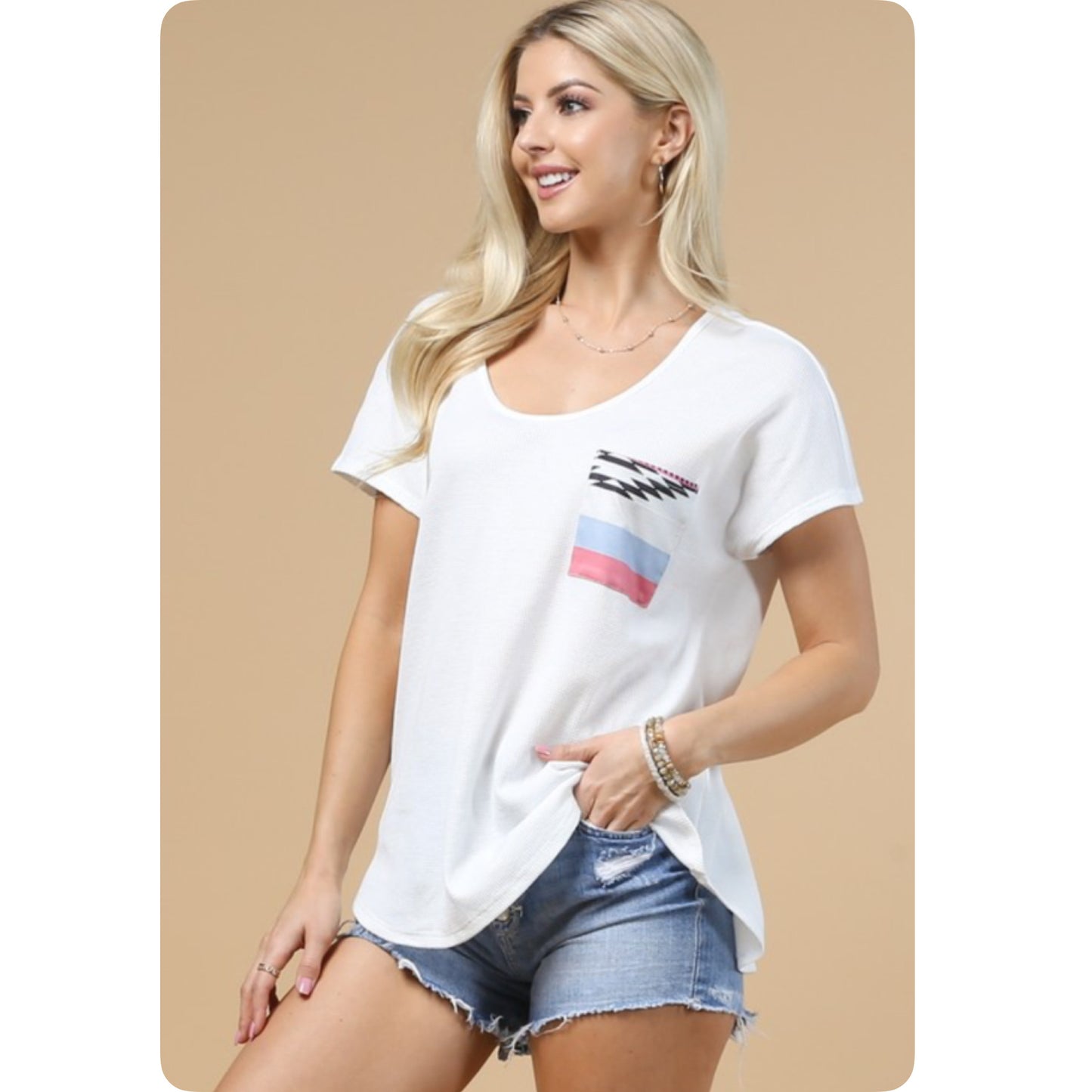 Casually Cozy Scoop V Neck Ivory Top with Pastel Aztec Pocket-Summer Comfort
