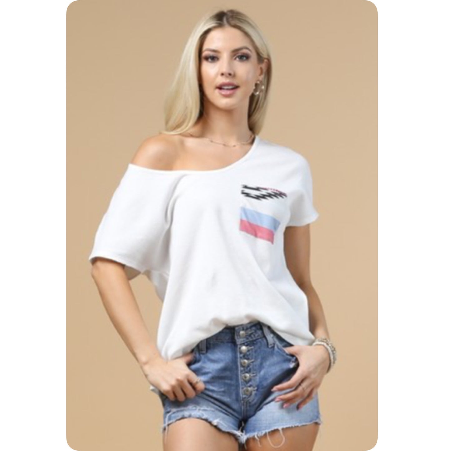 Casually Cozy Scoop V Neck Ivory Top with Pastel Aztec Pocket-Summer Comfort