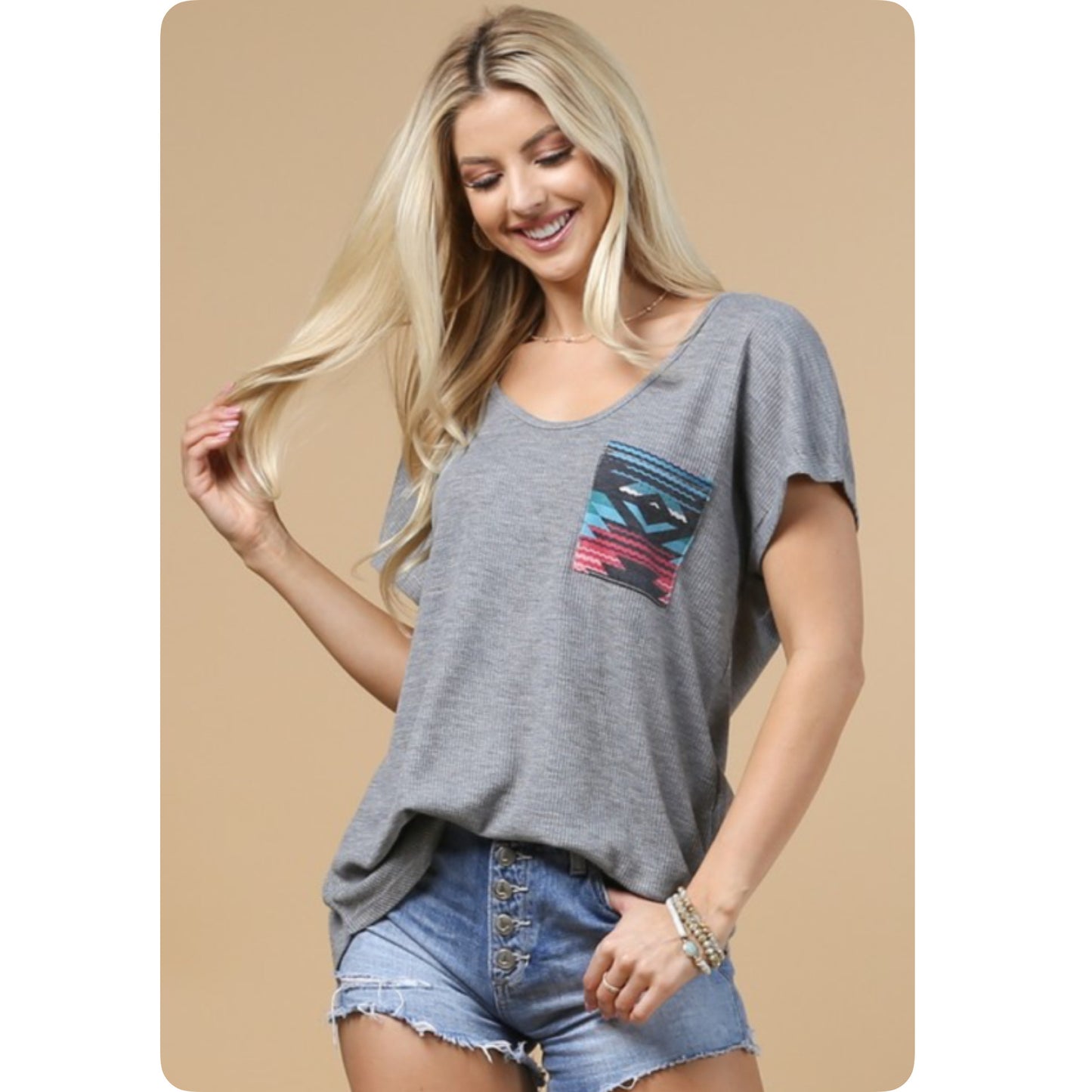Casually Cozy Scoop V Neck Gray Top with Pastel Aztec Pocket-Summer Comfort