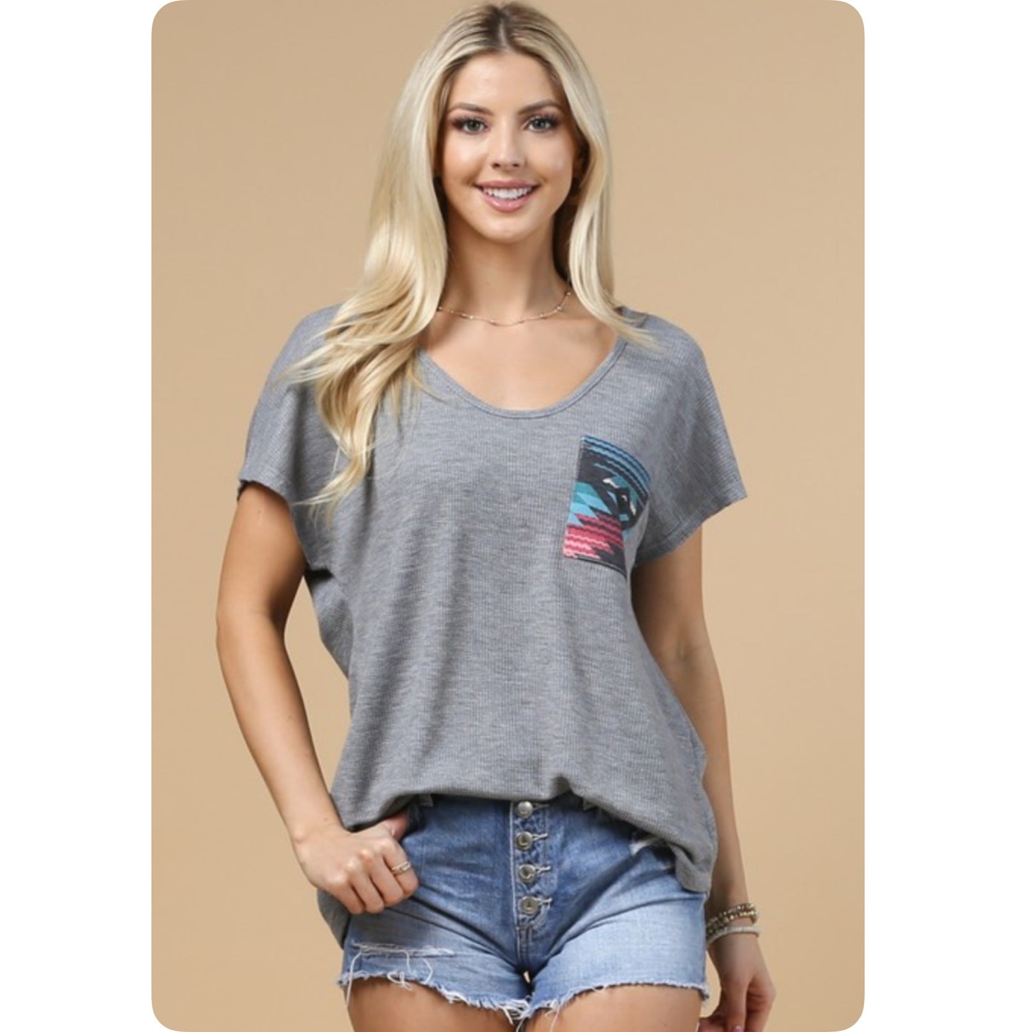 Casually Cozy Scoop V Neck Gray Top with Pastel Aztec Pocket-Summer Comfort