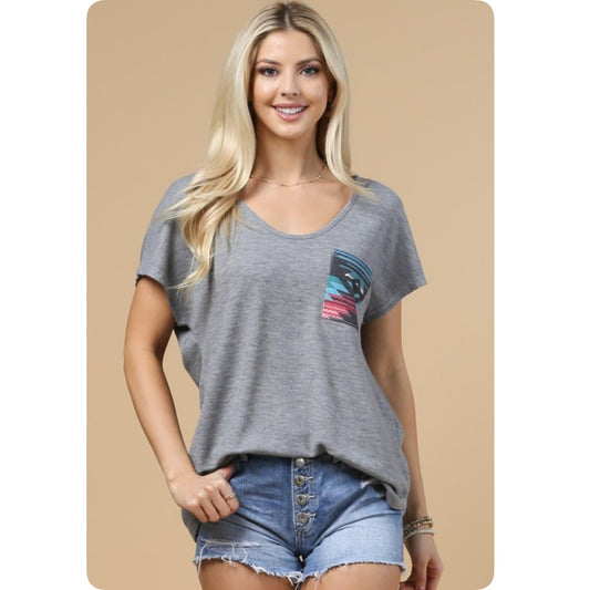 Casually Cozy Scoop V Neck Gray Top with Pastel Aztec Pocket-Summer Comfort