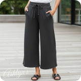 Zenana Acid Wash Fleece Black Palazzo Capri Pants with Pockets