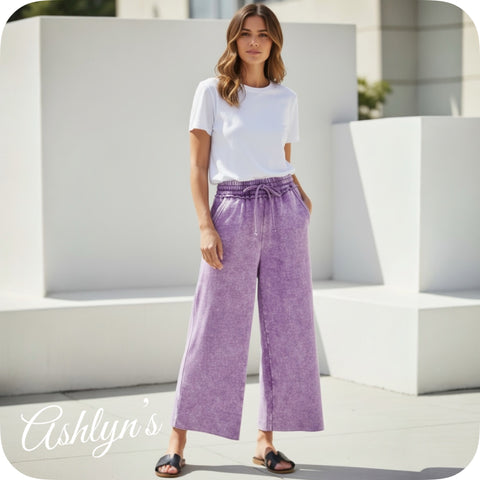 Zenana Acid Wash Fleece B Violet Palazzo Capri Pants with Pockets