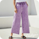 Zenana Acid Wash Fleece B Violet Palazzo Capri Pants with Pockets