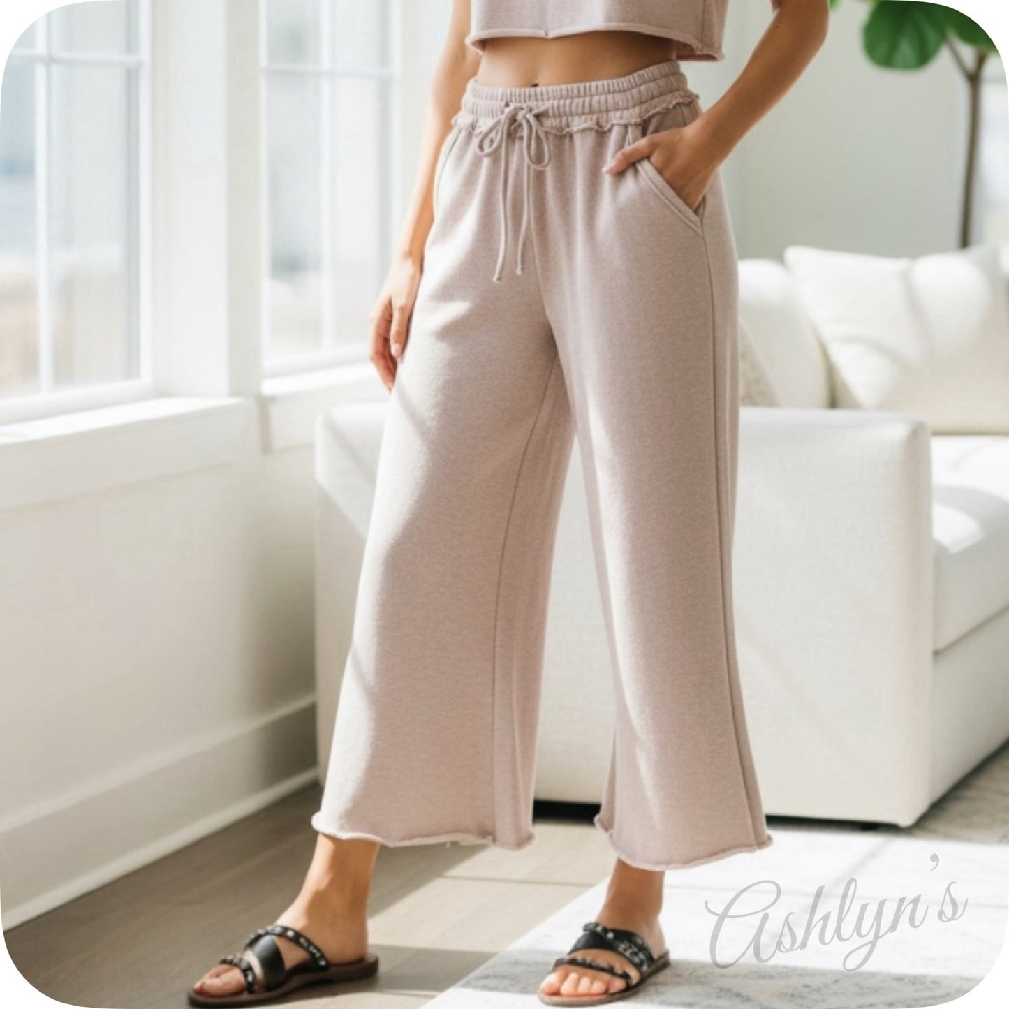 Zenana Acid Wash Fleece Ash Mocha Palazzo Capri Pants with Pockets