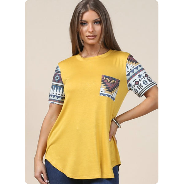 Ashlyn’s Aztec Mustard Raglan-Tunic Top