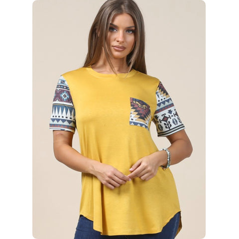 Ashlyn’s Aztec Mustard Raglan-Tunic Top