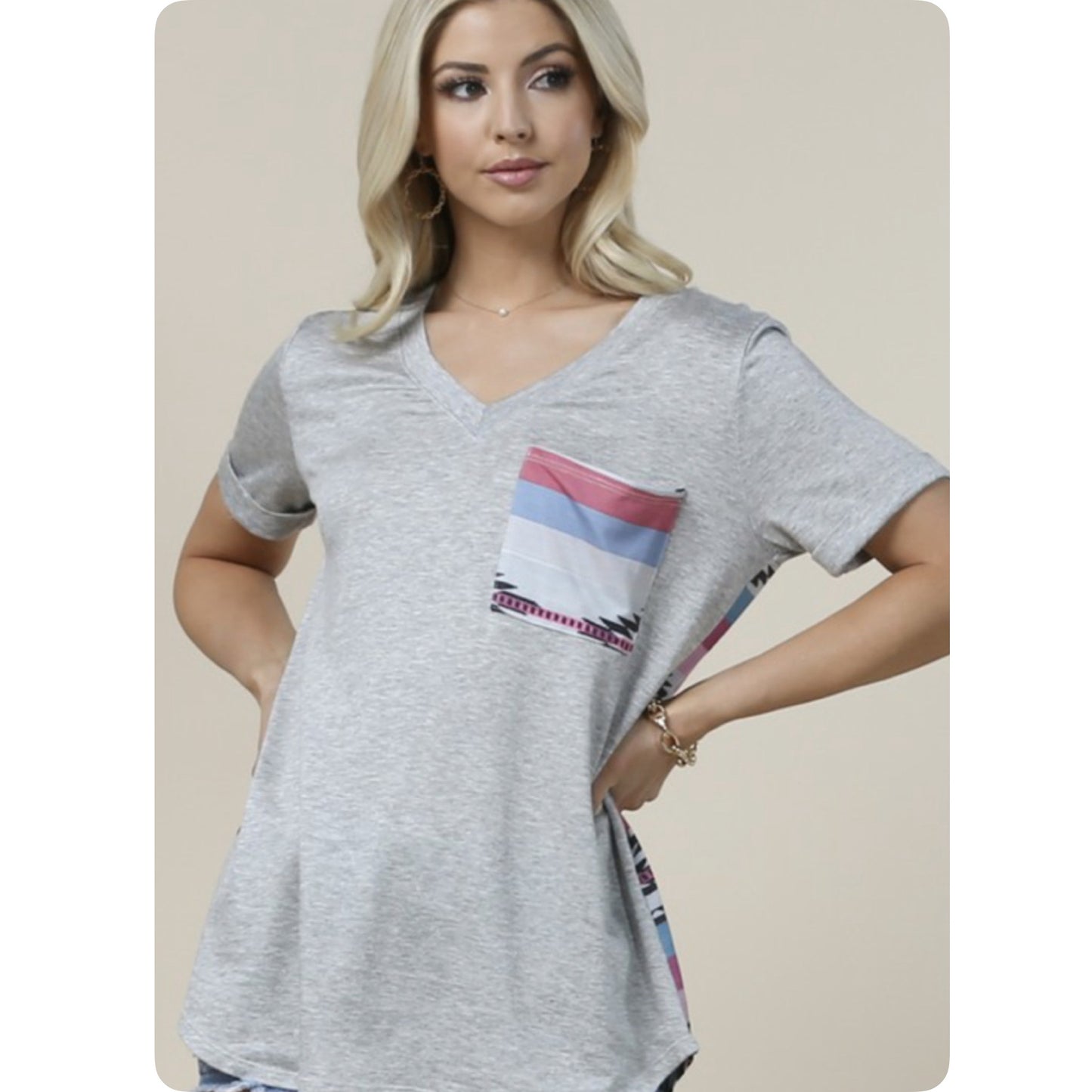 Ashlyn’s Gray V Neck Aztec Detail Tunic Top