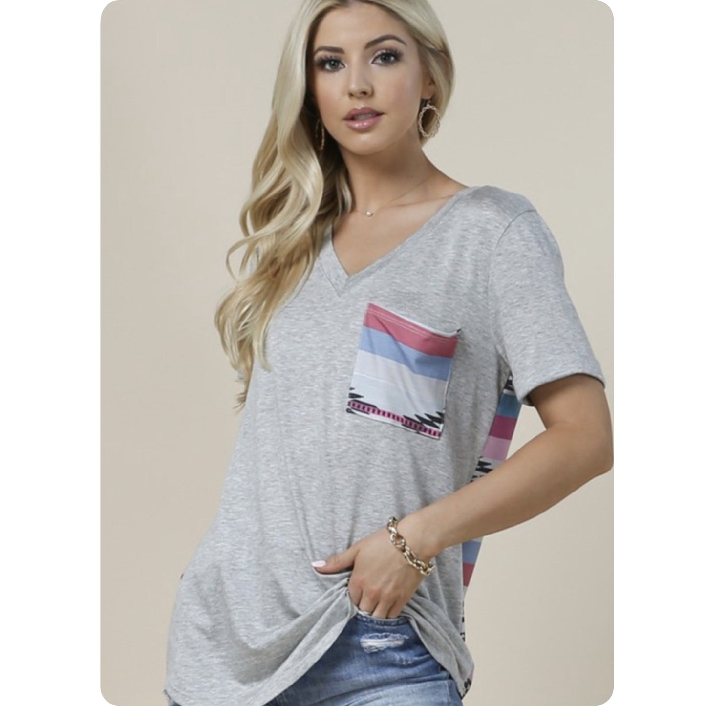 Ashlyn’s Gray V Neck Aztec Detail Tunic Top