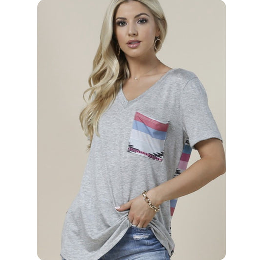 Ashlyn’s Gray V Neck Aztec Detail Tunic Top